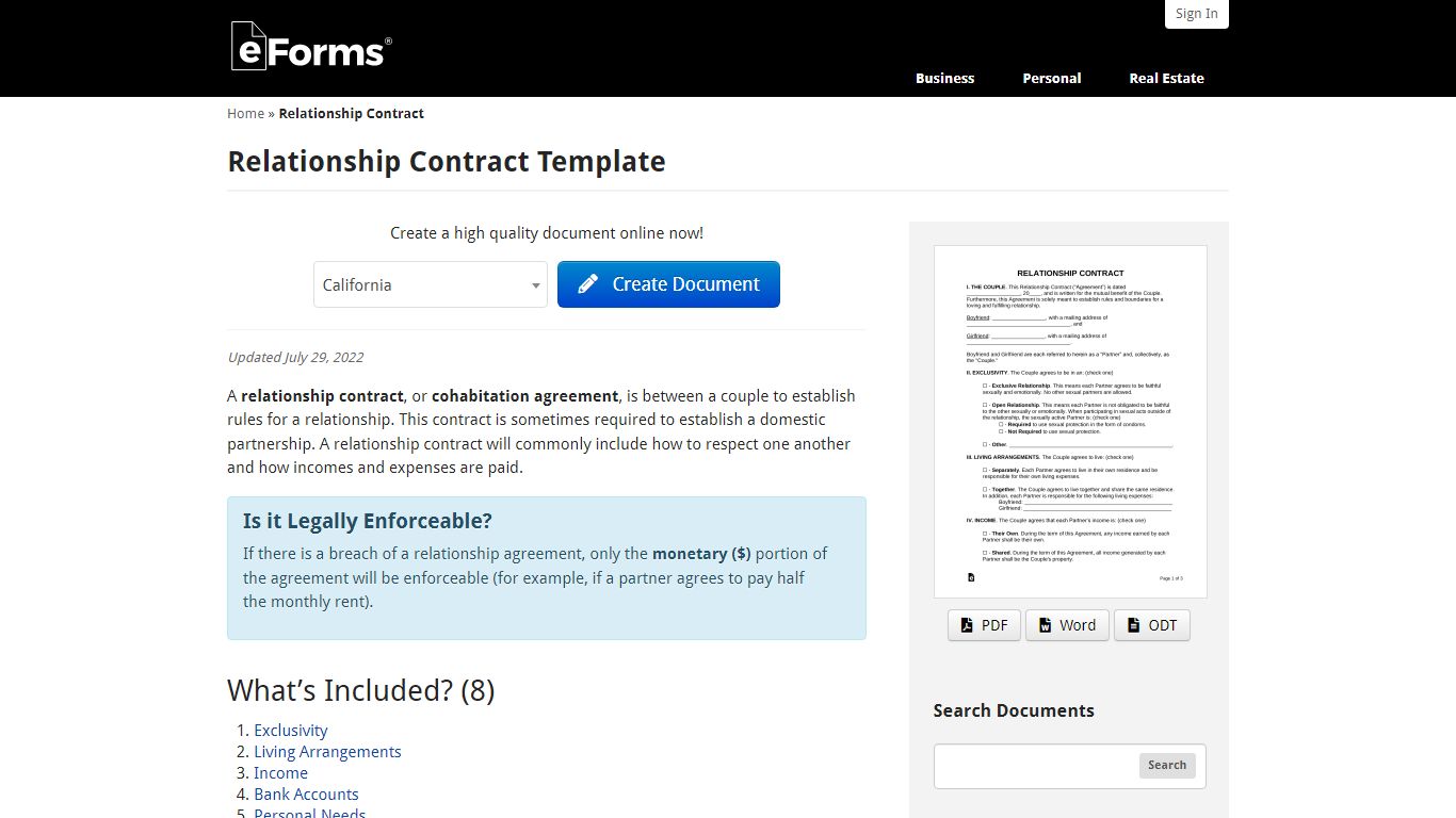 Free Relationship Contract Template (Cohabitation Agreement) - eForms